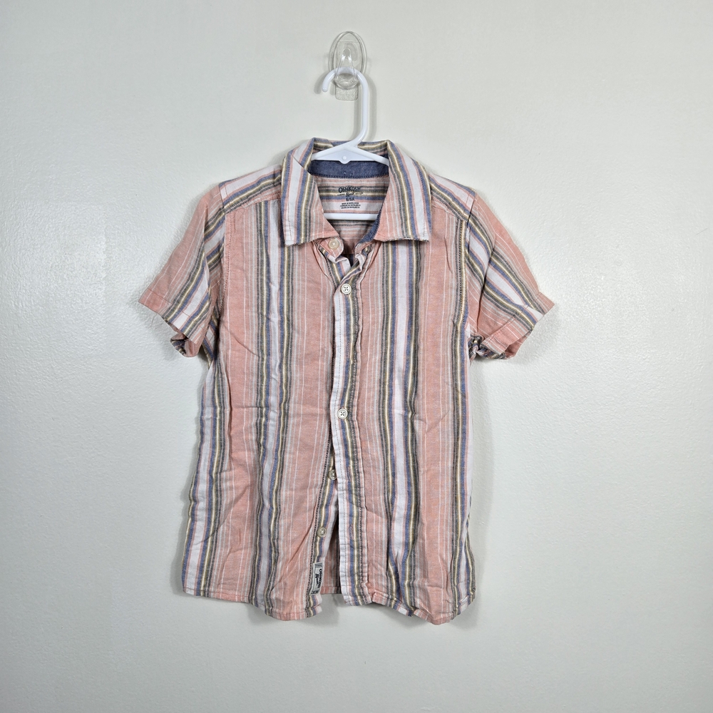 OshKosh Boys Pink Preppy‎ Short Sleeve Striped Textured Button Shirt 6/6A Summer